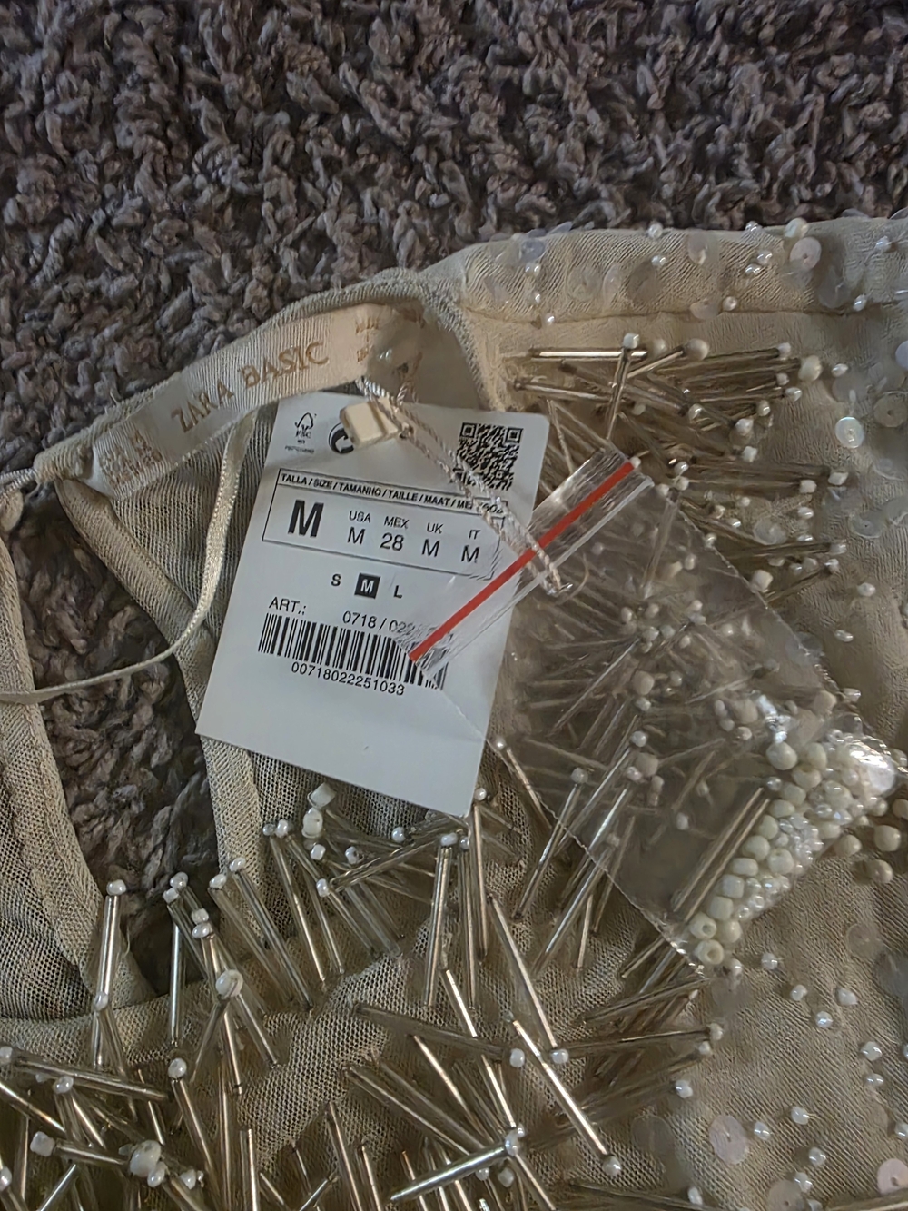 Zara Embellished Beaded Mesh Top in Light Beige - Picture 2 of 6